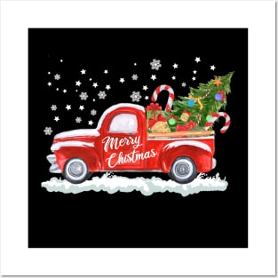 Merry Christmas Retro Vintage Red Truck Posters and Art